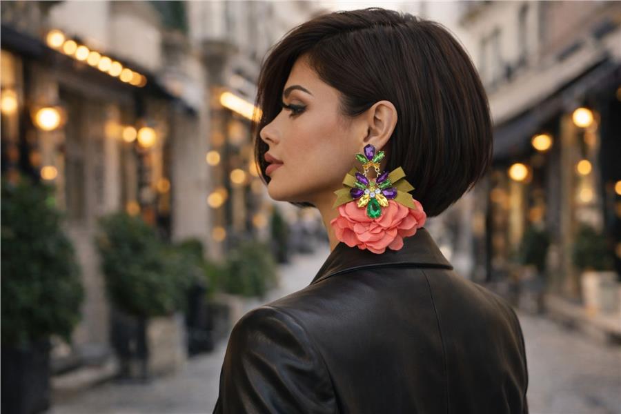 Yvonne02 Pembe Kumaş Çiçekli ve Renkli Taşlı XL Küpe